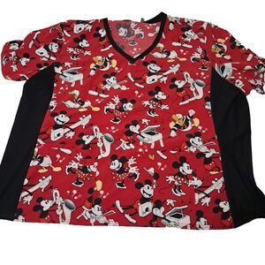 Disney Minnie And Mickey Mouse Music  Healthcare V Neck Scrub Top Red Size 4XL
